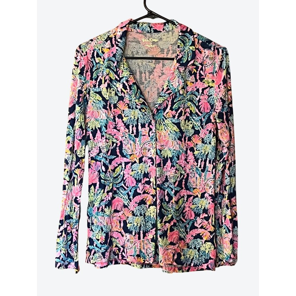 Lilly Pulitzer Medium Long Sleeve V-Neck Button Front Floral Blouse Pink Navy Gr